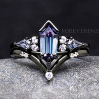 Black Alexandrite Engagement Ring Set, Woman Crab Nebula Ring, Kite Coffin, Black Gold, 925 Sterling Silver, Alternative Woman Wedding Ring