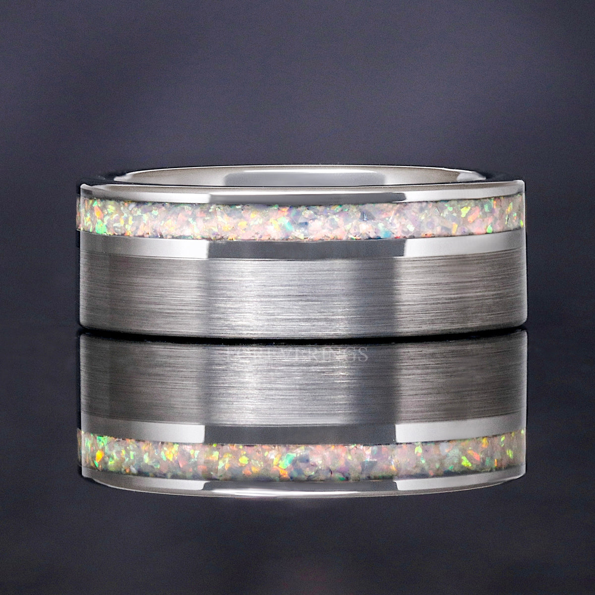 Mens White Fire Opal Ring | 8mm Brushed Silver Tungsten Band