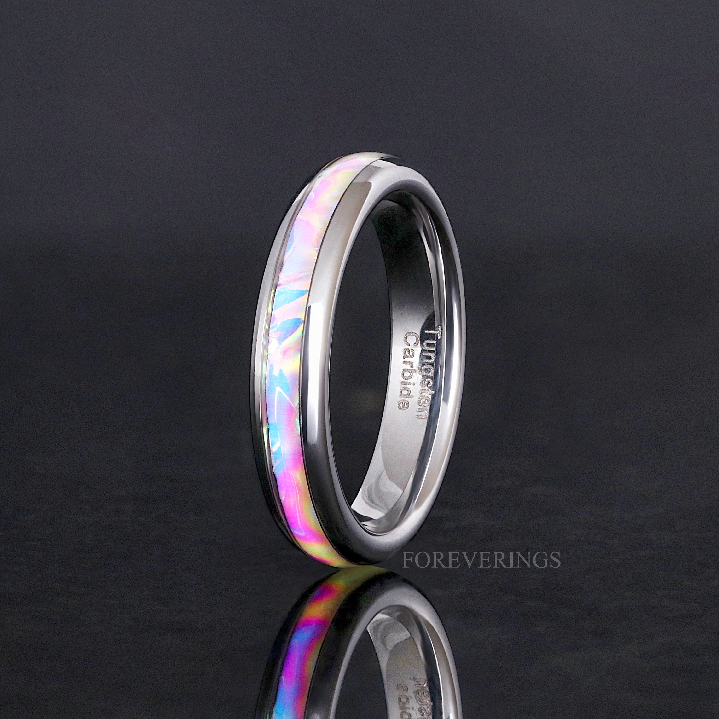 Caribbean Woman Wedding Band, 4mm Silver Tungsten Band, Summer Beach Ring, Woman Promise Ring, Color Changing Inlay, Nebula Ring, Engraving