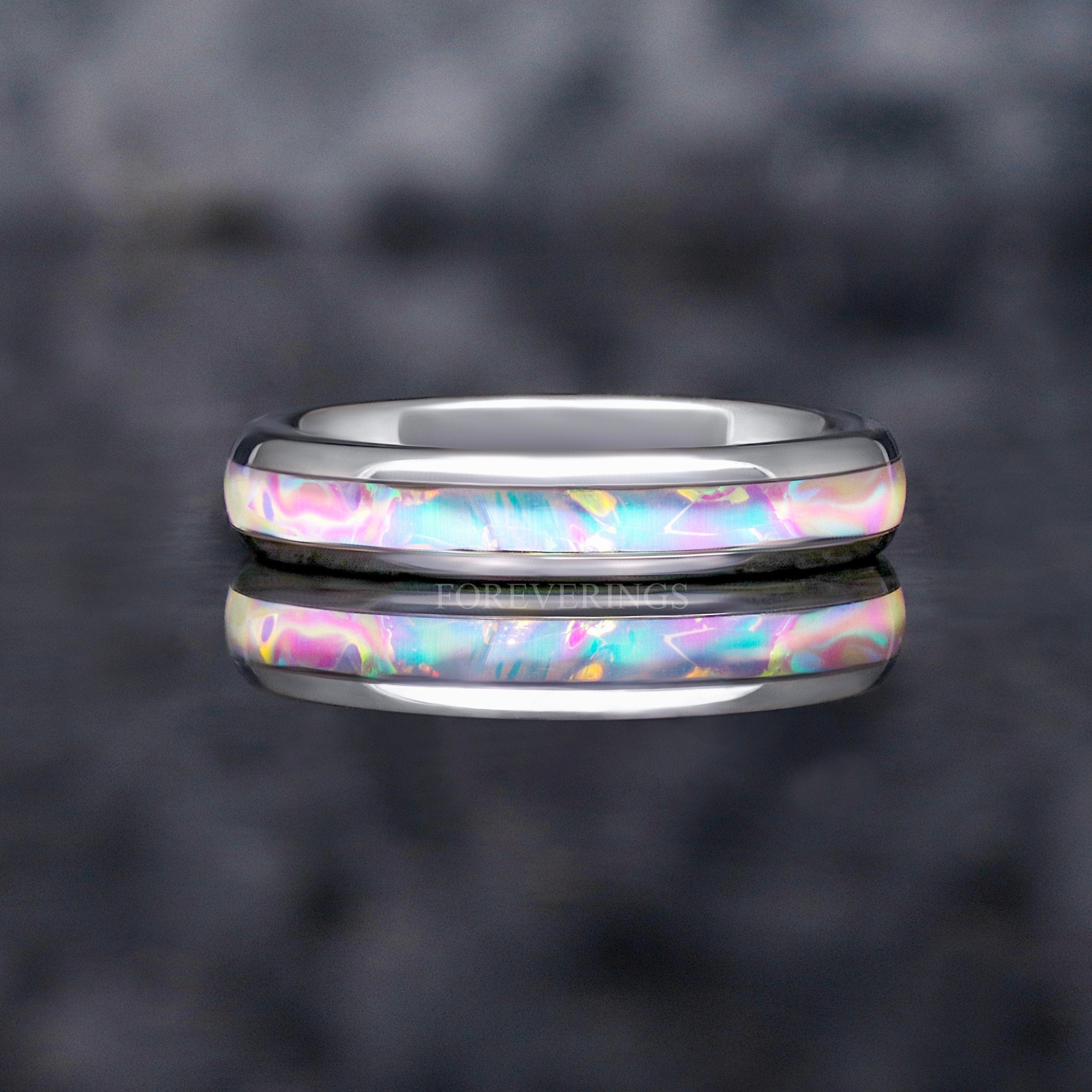 Caribbean Woman Wedding Band, 4mm Silver Tungsten Band, Summer Beach Ring, Woman Promise Ring, Color Changing Inlay, Nebula Ring, Engraving