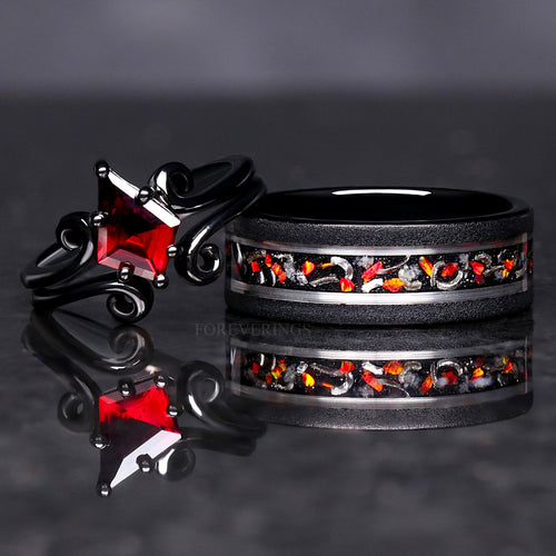His Her Twirl Garnet & Opal Galaxy Ring Set, Black Nebula Couple Wedding Ring, Natural Garnet and Meteorite, Glow in the Dark, Red Fire Opal