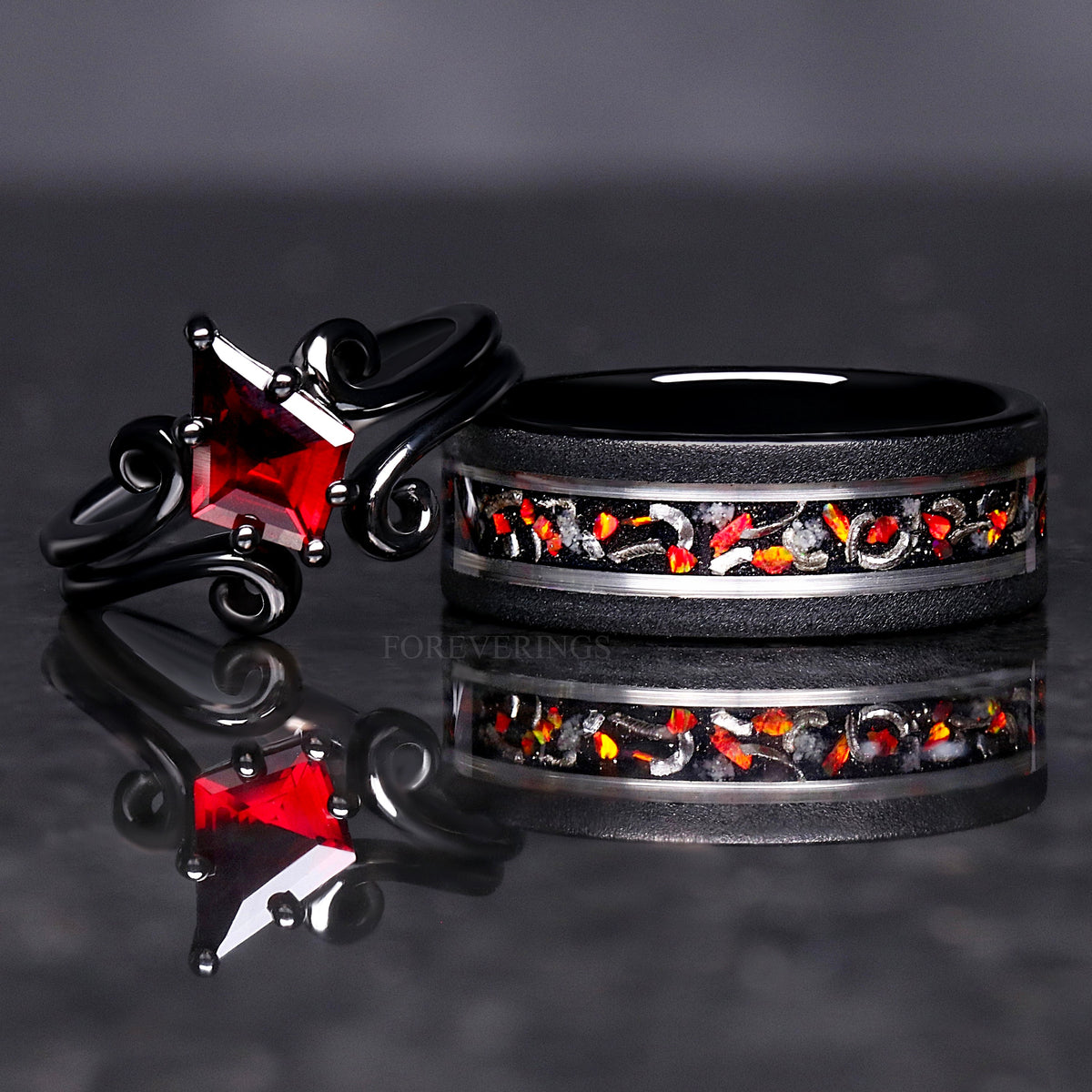 His Her Twirl Garnet & Opal Galaxy Ring Set, Black Nebula Couple Wedding Ring, Natural Garnet and Meteorite, Glow in the Dark, Red Fire Opal