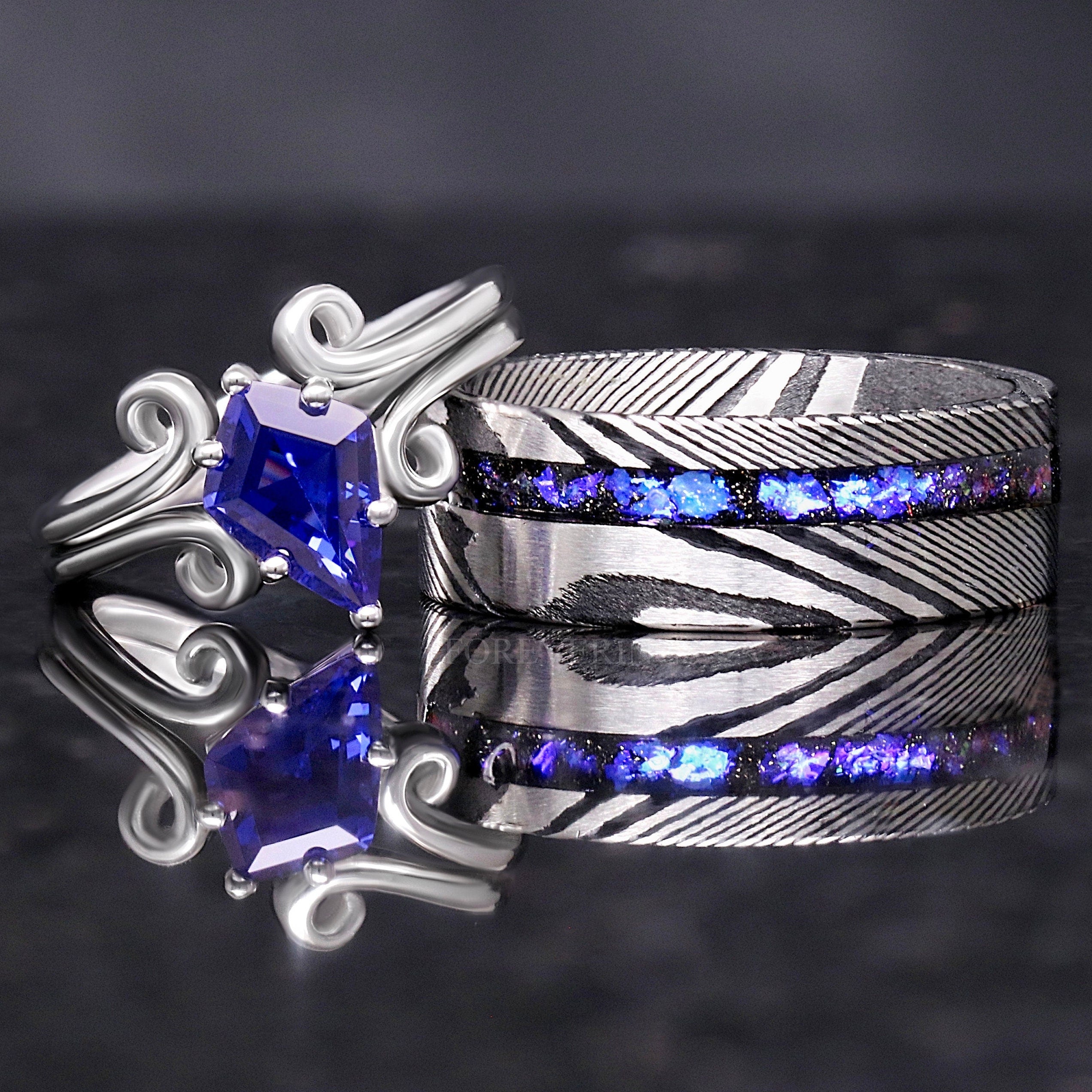 Twirl Damascus Ring Set, Orion Nebula, His and Her Wedding Band, Alternative Sapphire Ring, Space Couple Ring, Damascus Steel and 925 Silver