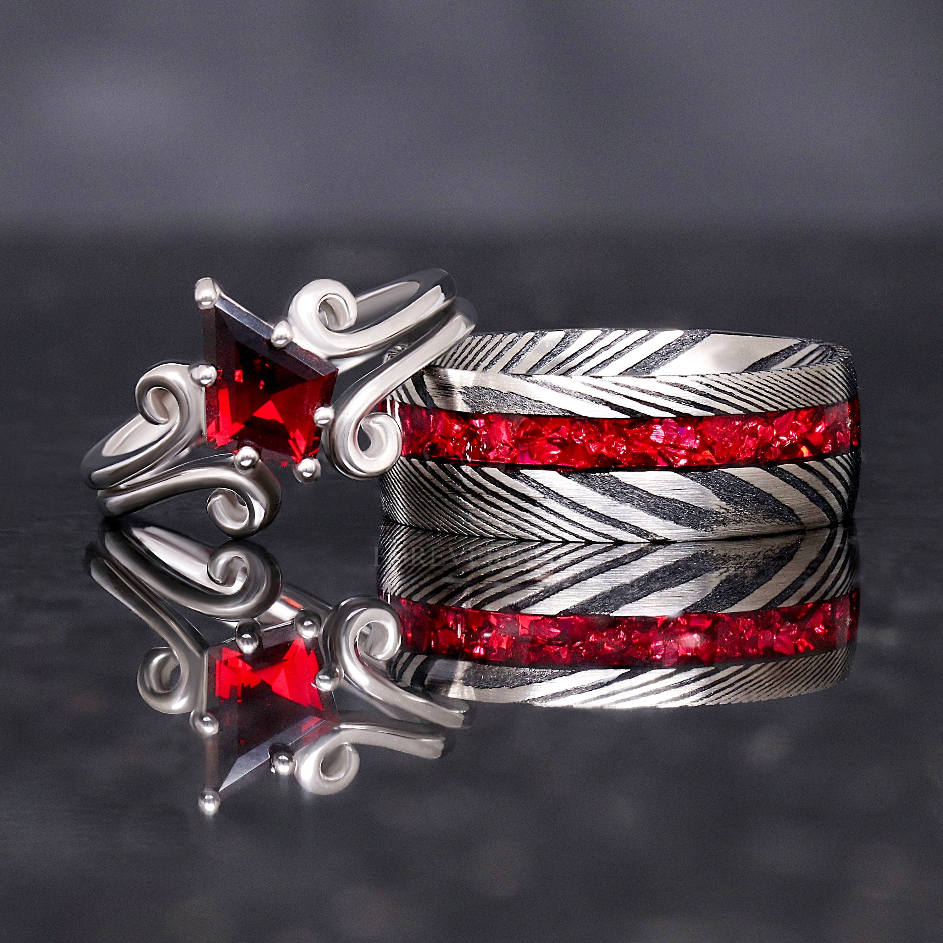 Twirl Natural Garnet Damascus Ring Set, His Her Wedding Band, Matching Couples Ring, 925 Sterling Silver, Stainless Steel, Ring Engraving