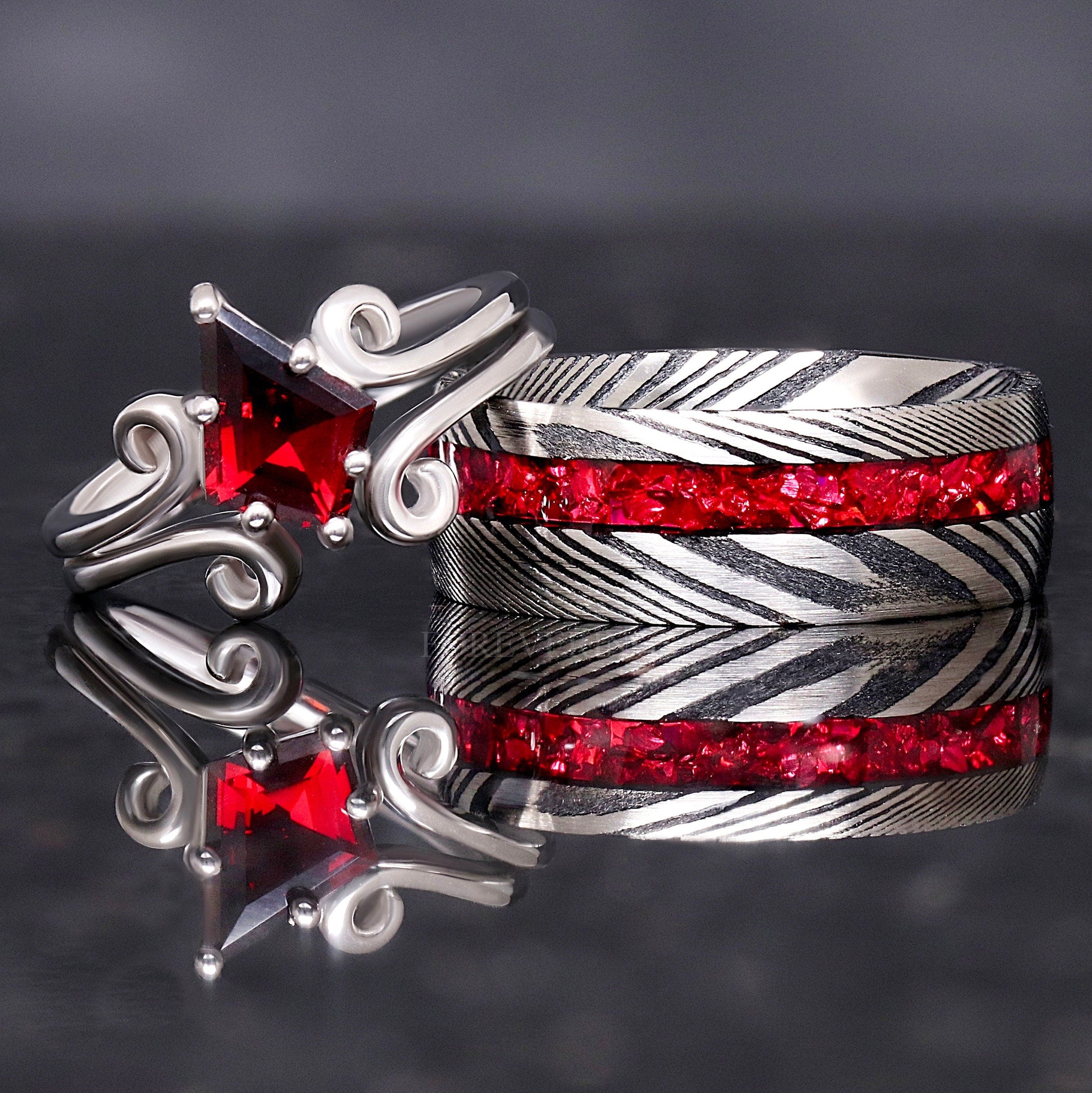 Twirl Natural Garnet Damascus Ring Set, His Her Wedding Band, Matching Couples Ring, 925 Sterling Silver, Stainless Steel, Ring Engraving