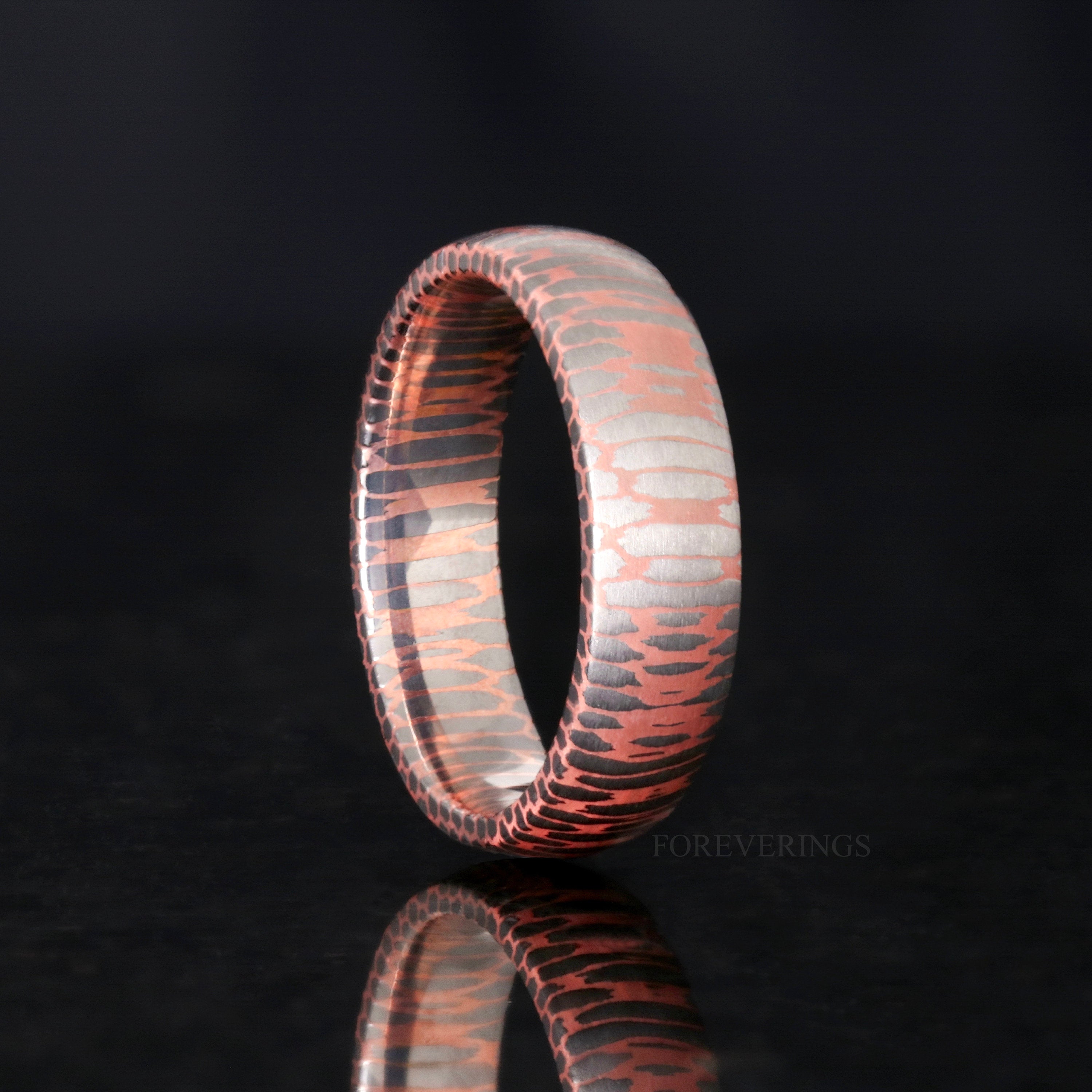 Ionix Superconductor Ring, Damascus Steel Band, Man Wedding Band, 8mm 6mm, Dome Brush, Two Tone, Silver and Rose Gold Men Band, Ring Engrave