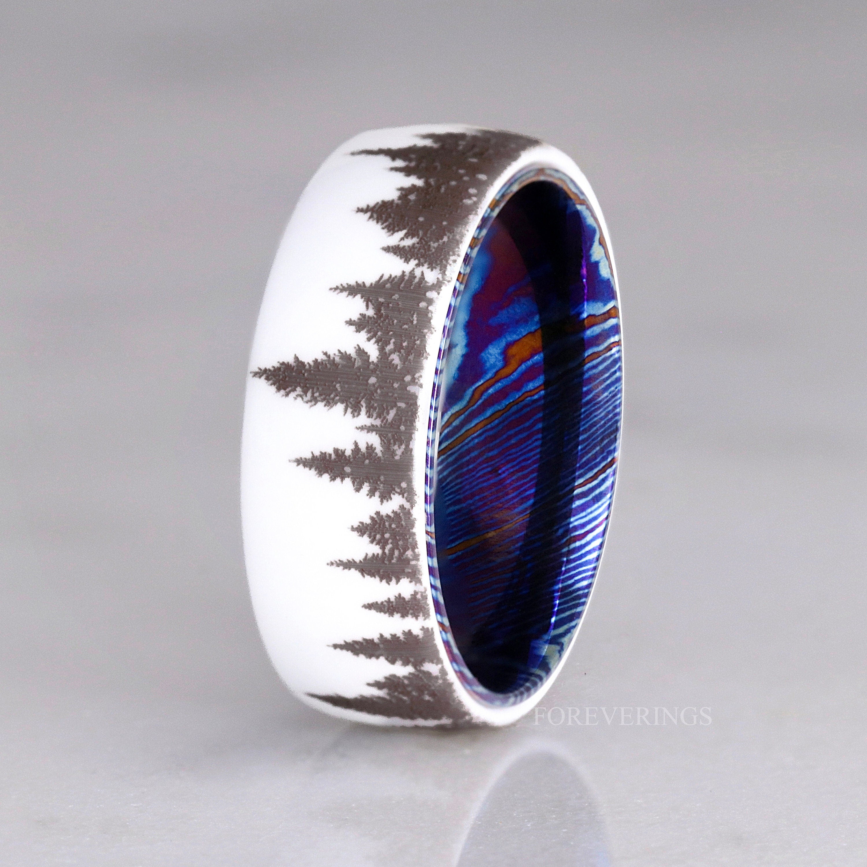 Timascus White Forest Tree Band, Man Wedding Band, Ceramic, Nature Landscape Ring, Blue Man Ring, Anniversary Gift, Engagement Ring, Engrave