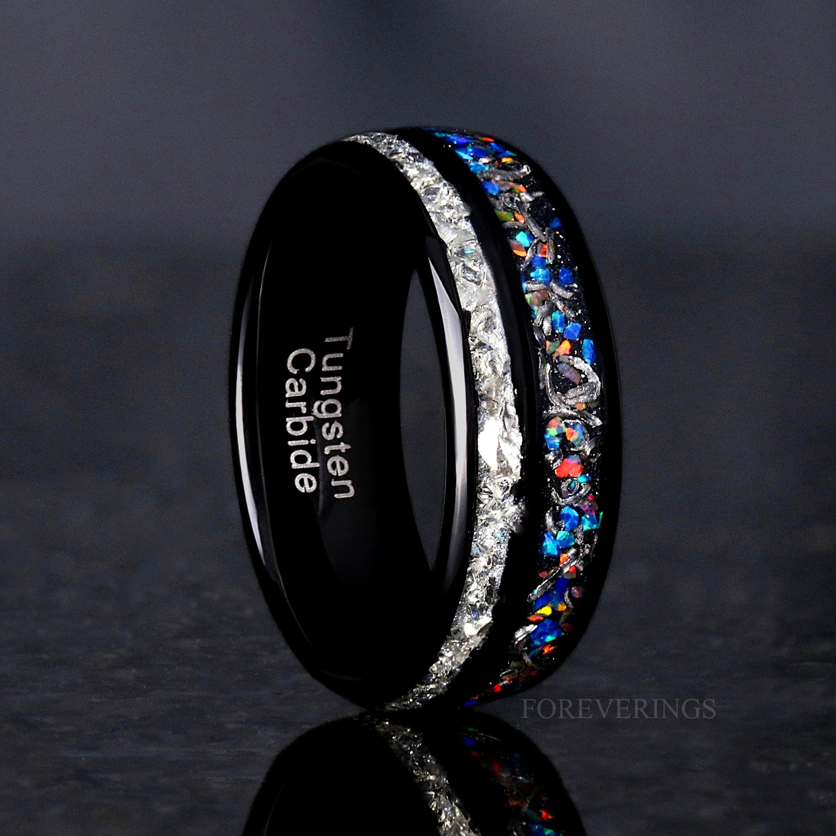 Unique Men Galaxy Opal Band, Genuine Meteorite, 8mm Black Tungsten Ring, Dome, Polish, Crushed Glass Stone, Ring Engraving, Man Wedding Band