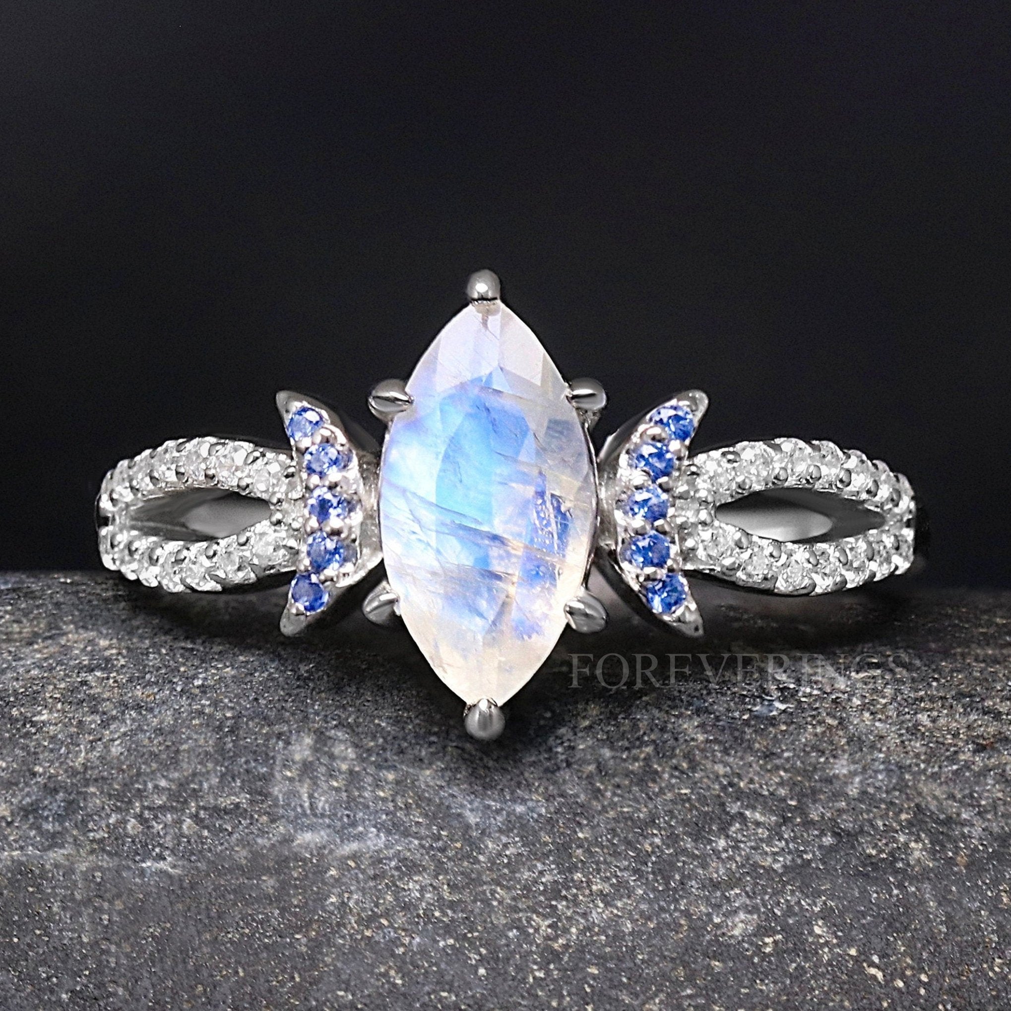 Lunara Moonstone Wedding Ring, Woman Alternative Engagement Ring, Natural, Marquise, 925 Sterling Silver, Unique Promise Ring, Engraving