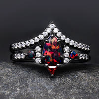 Lumiere Black Fire Opal Ring, Woman Wedding Ring, Black Engagement Ring Set, Black Opal, Shield Cut, Unique Black and Red Ring, Promise Ring