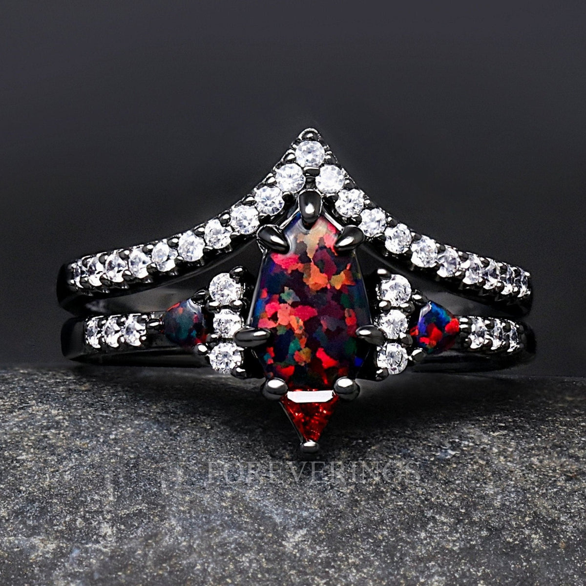 Lumiere Black Fire Opal Ring, Woman Wedding Ring, Black Engagement Ring Set, Black Opal, Shield Cut, Unique Black and Red Ring, Promise Ring