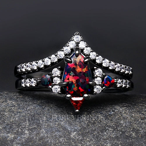Lumiere Black Fire Opal Ring, Woman Wedding Ring, Black Engagement Ring Set, Black Opal, Shield Cut, Unique Black and Red Ring, Promise Ring