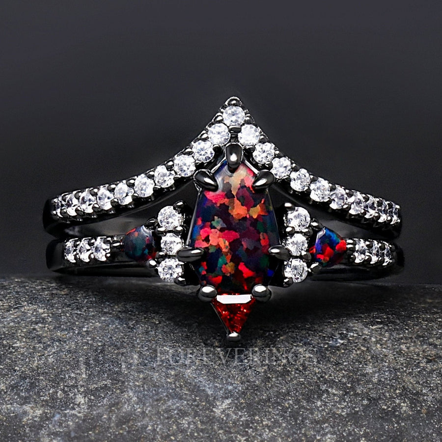 Lumiere Black Fire Opal Ring, Woman Wedding Ring, Black Engagement Ring Set, Black Opal, Shield Cut, Unique Black and Red Ring, Promise Ring