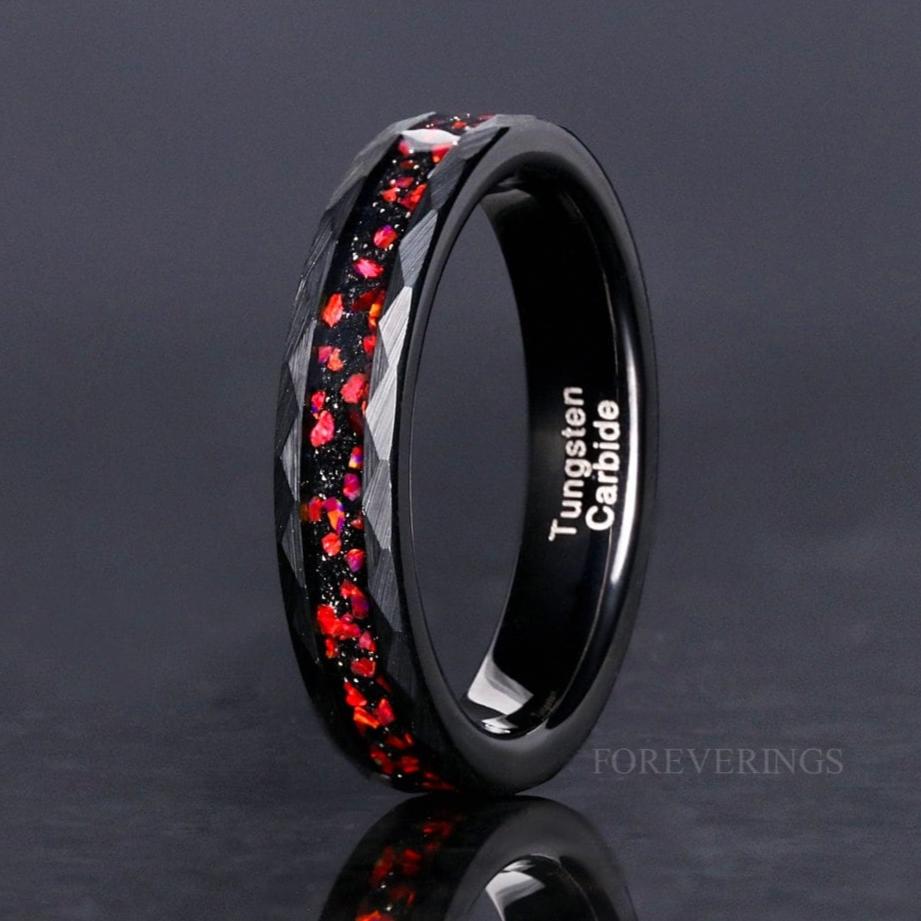 4mm Black and Red Fire Opal Band, Hammer Black Tungsten Wedding Band, Red Opal, Women Men Ring, Black Ring, Matte Brushed, Ring Engraving