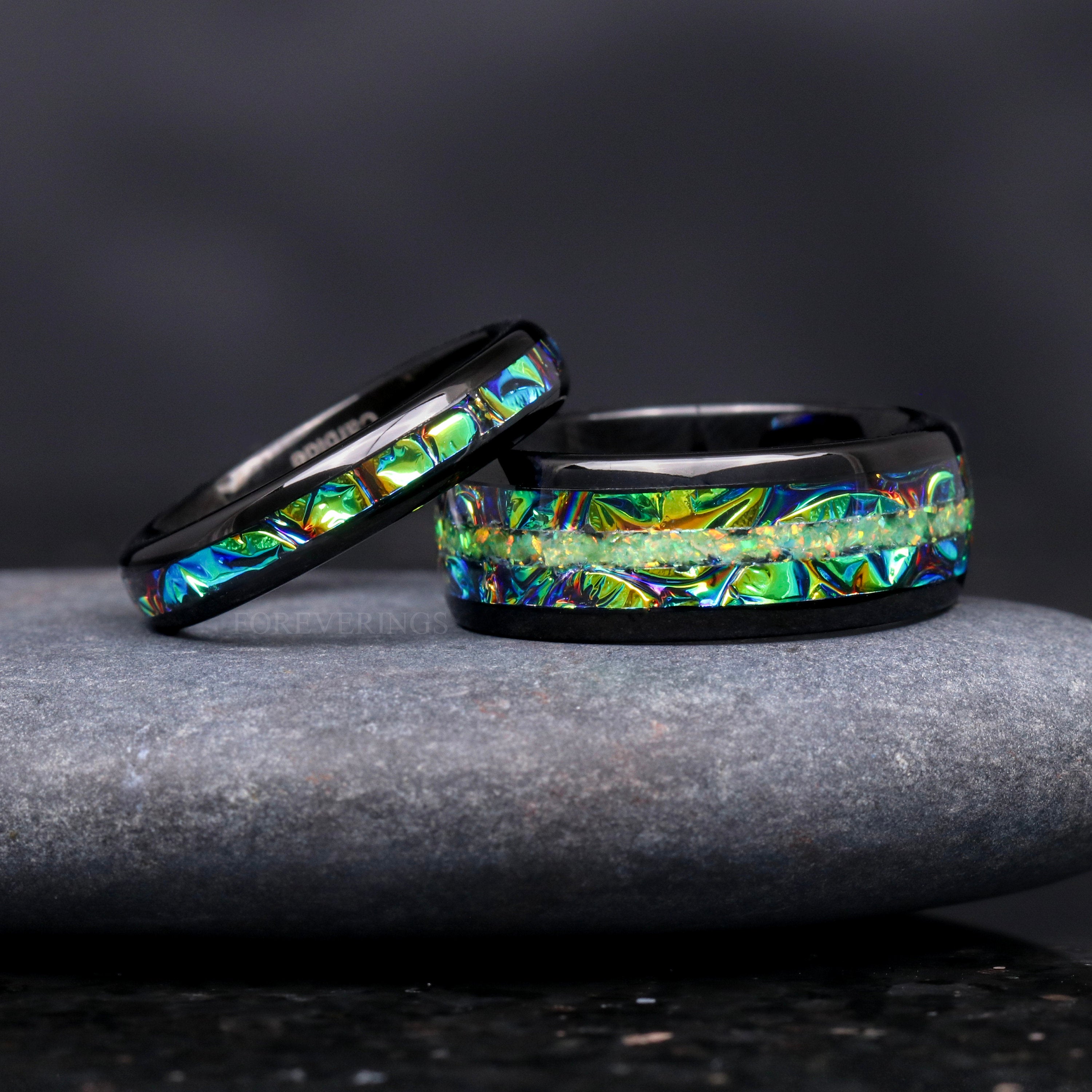 Rhaegal Green Fire Opal Couple Ring Set, His Her Black Tungsten Wedding Band, 8mm 4mm Dragon Band, Dichrolam, Unique Matching Promise Ring