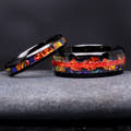 Matching black tungsten couples ring set with red fire opal and dichrolam inlay, 8mm and 4mm