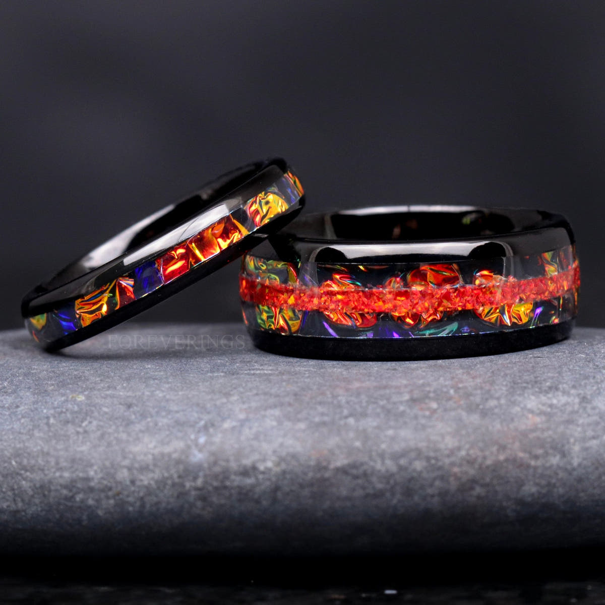 Matching black tungsten couples ring set with red fire opal and dichrolam inlay, 8mm and 4mm