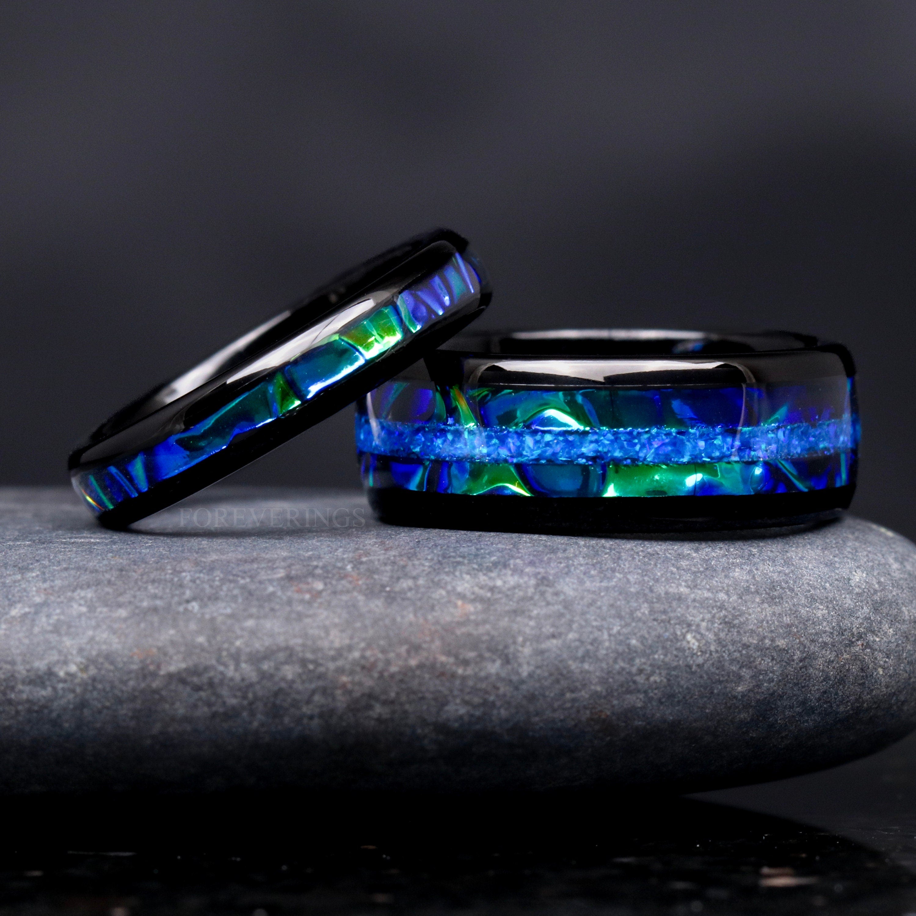 Azure Blue Fire Opal Couple Ring, His Her Tungsten Band, Matching Wedding Band, 8mm 4mm Black Promise Ring Set, Dichrolam, Dragon, Engraving