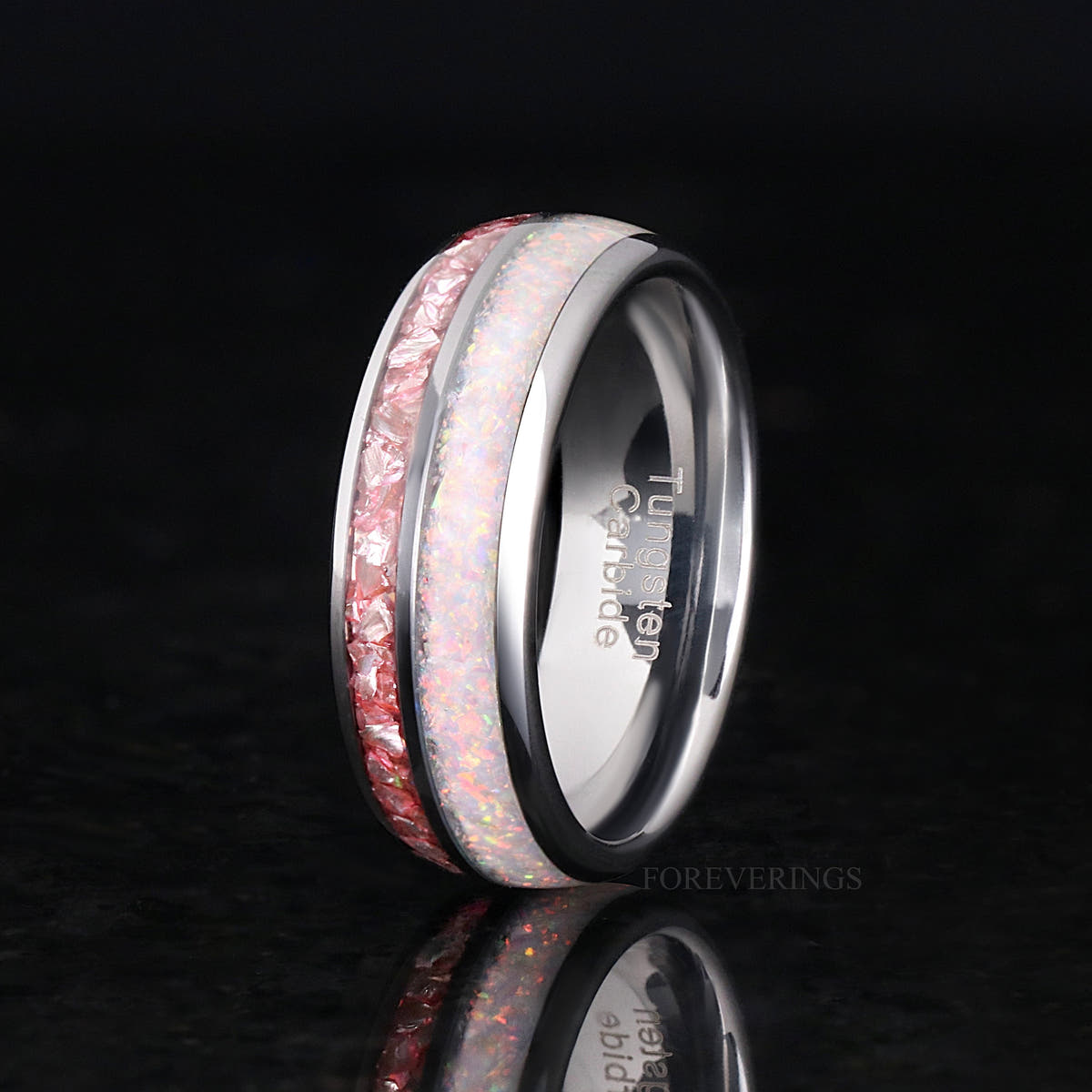 Men's 8mm silver tungsten band with white fire opal and morganite stripes, standing on edge