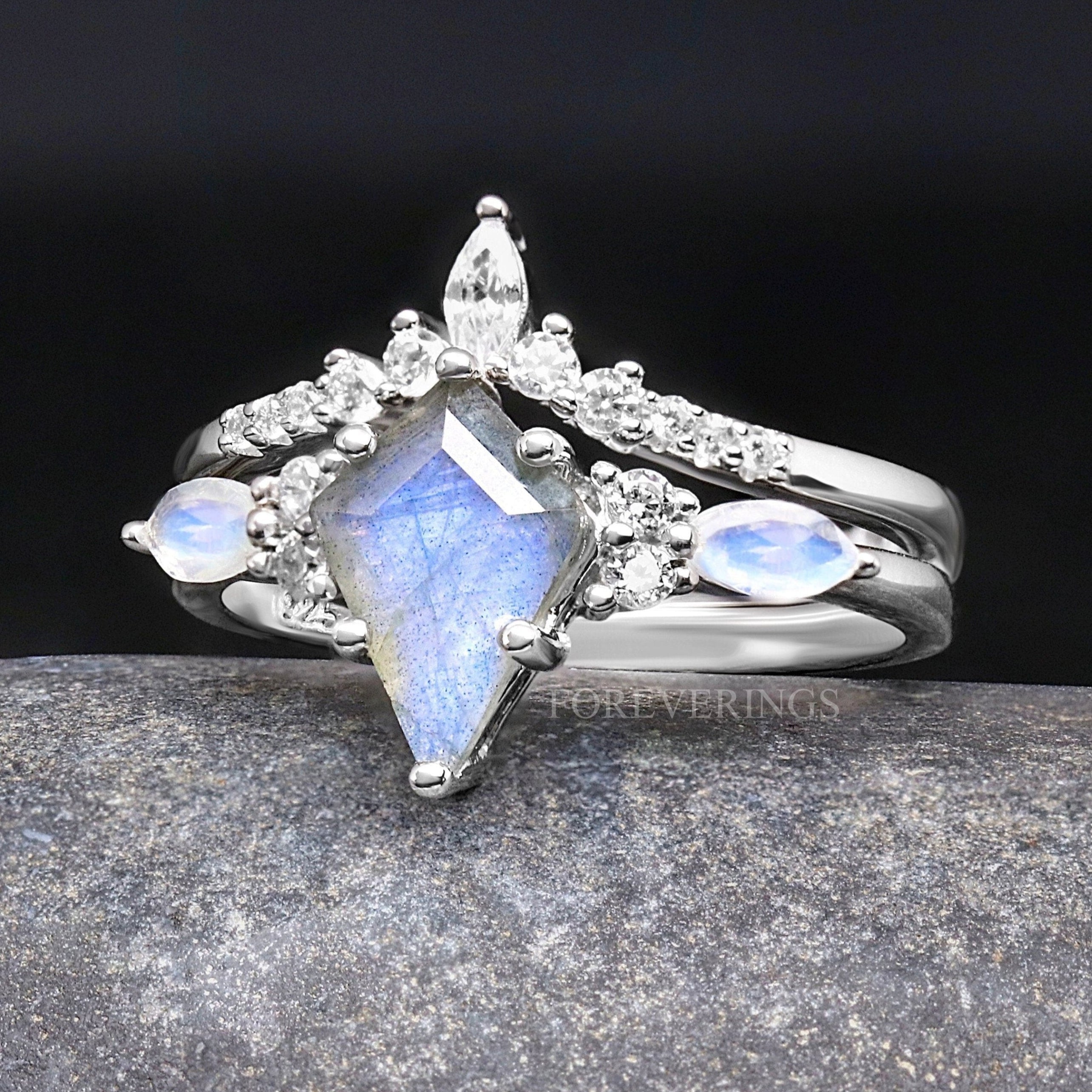 Galaxy Labradorite Engagement Ring Set Woman, Veil Nebula Alternative Wedding Ring, Kite Cut, 925 Sterling Silver, Moonstone Promise Ring