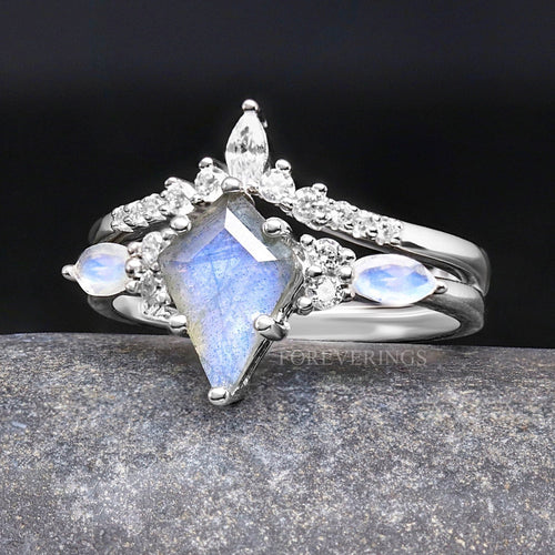 Galaxy Labradorite Engagement Ring Set Woman, Veil Nebula Alternative Wedding Ring, Kite Cut, 925 Sterling Silver, Moonstone Promise Ring
