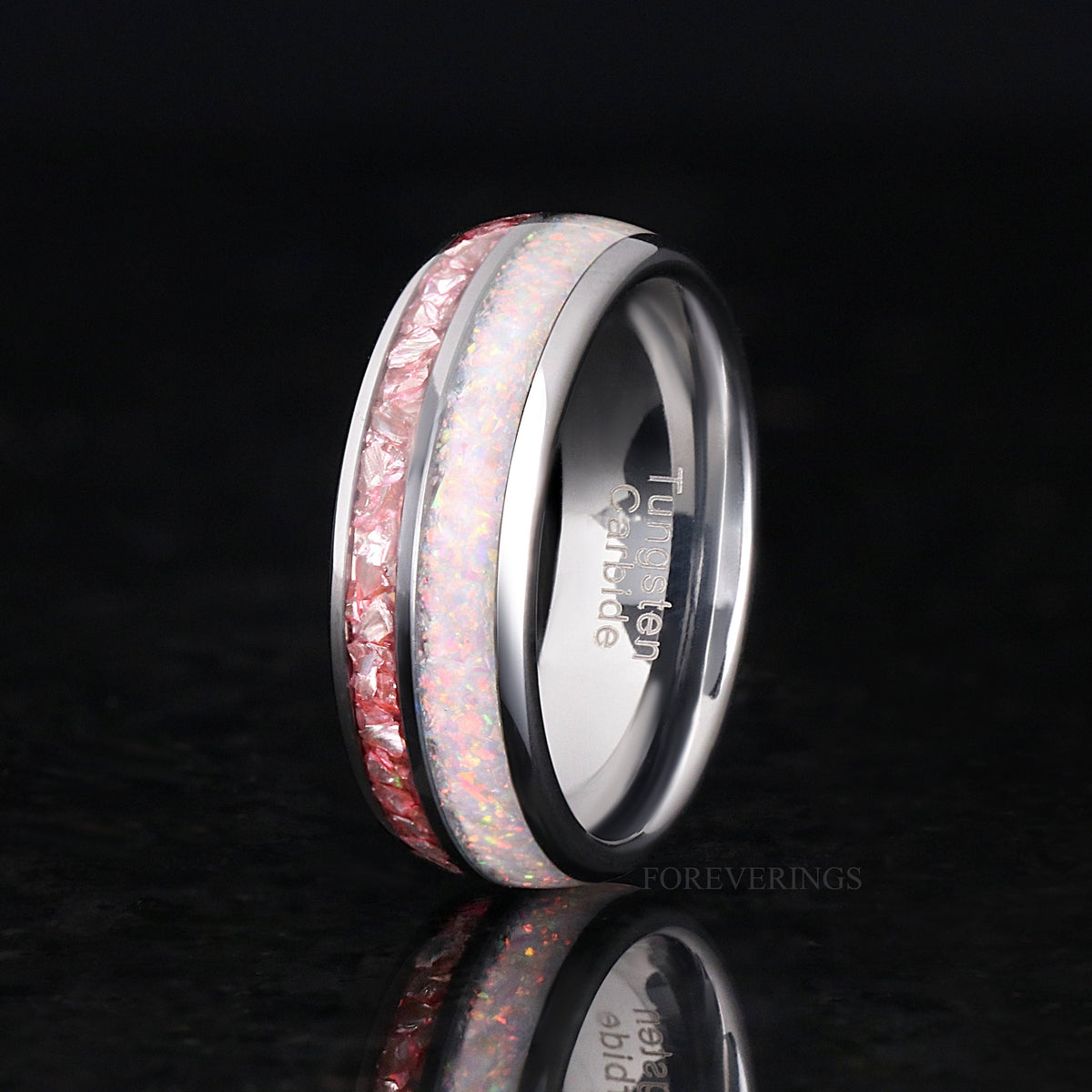 Mens Opal Wedding Band | White Fire Opal Morganite Tungsten