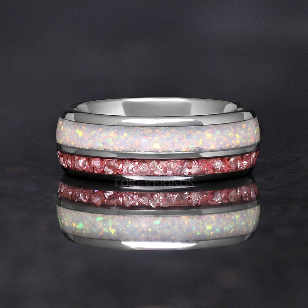 Mens Opal Wedding Band | White Fire Opal Morganite Tungsten