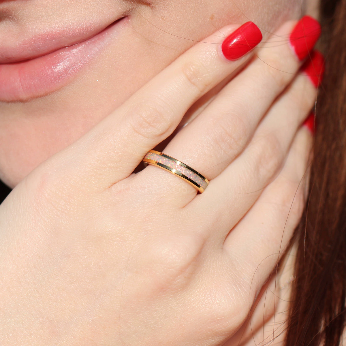 Women and men’s fantasy-inspired gold opal promise ring set