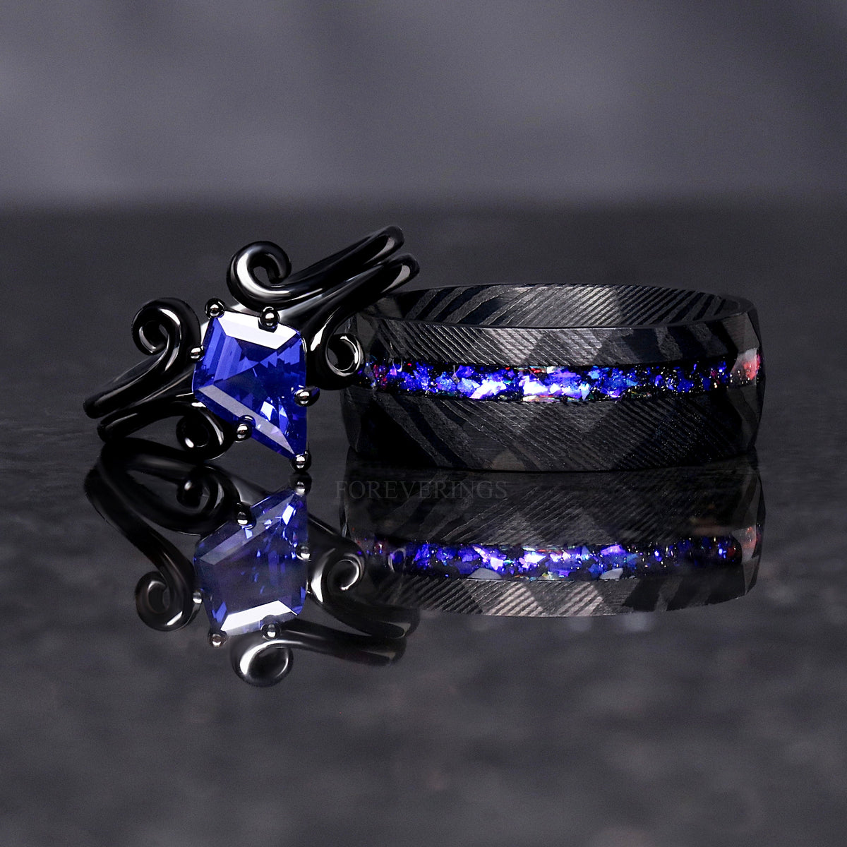Twirl Black Damascus Ring Set, Orion Nebula, Space, His Her Wedding Band, Sapphire, Alternative Couple Ring, Stainless Steel and 925 Silver