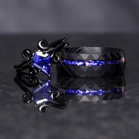 Twirl Black Damascus Ring Set, Orion Nebula, Space, His Her Wedding Band, Sapphire, Alternative Couple Ring, Stainless Steel and 925 Silver