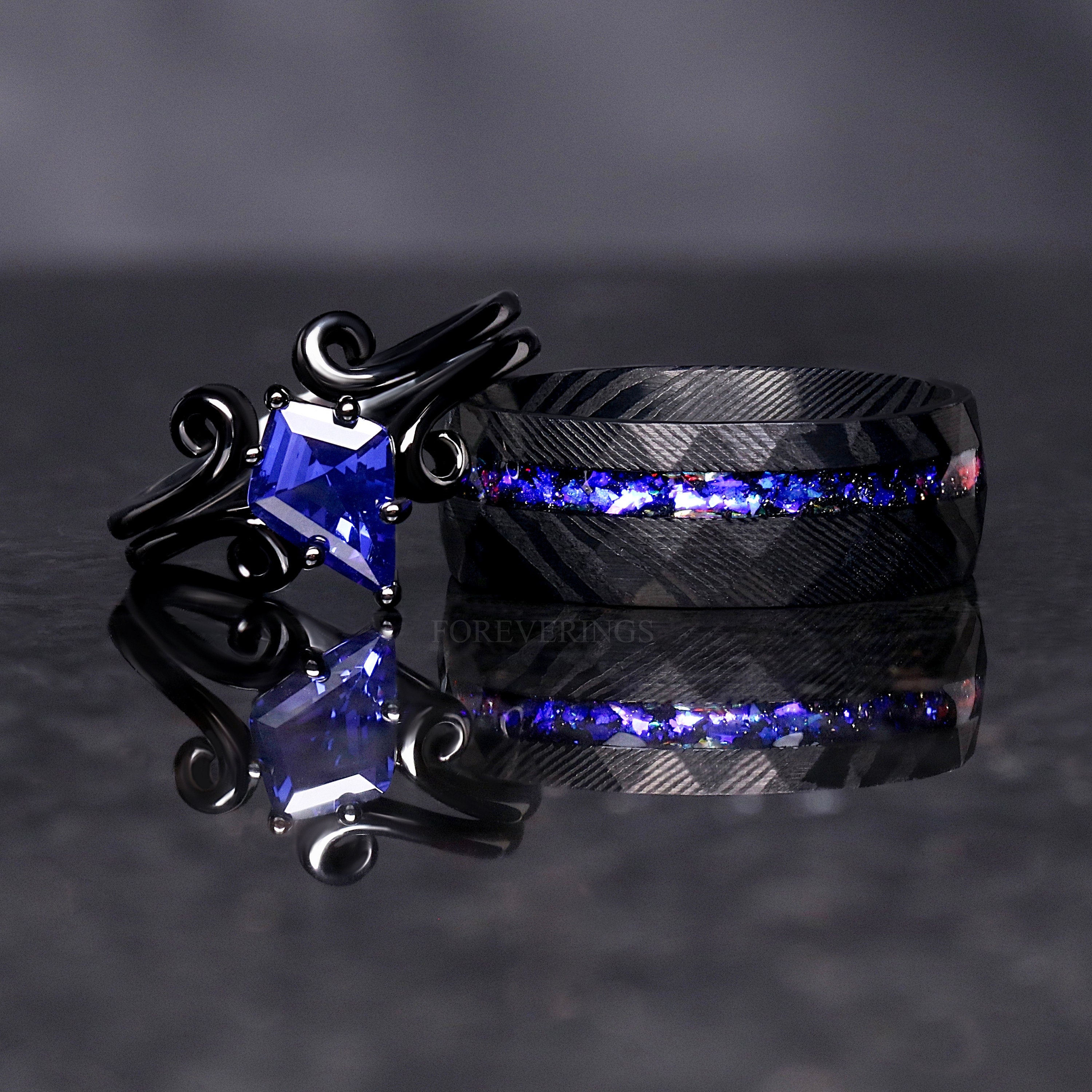 Twirl Black Damascus Ring Set, Orion Nebula, Space, His Her Wedding Band, Sapphire, Alternative Couple Ring, Stainless Steel and 925 Silver