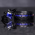 Matching black Damascus steel and black sterling silver couples ring set with sapphire and nebula sandstone
