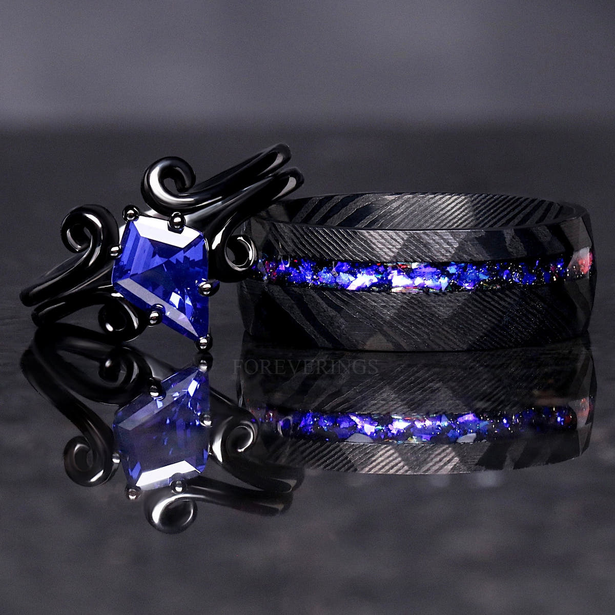 Matching black Damascus steel and black sterling silver couples ring set with sapphire and nebula sandstone