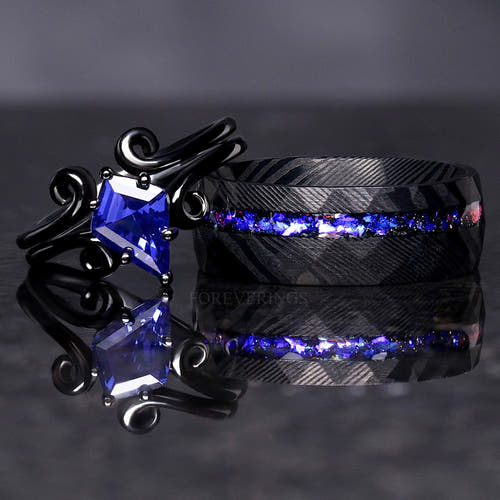 Matching black Damascus steel and black sterling silver couples ring set with sapphire and nebula sandstone