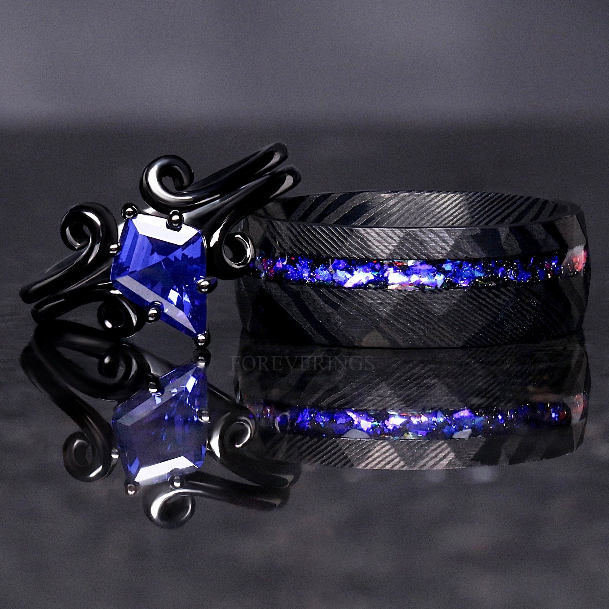 Twirl Black Damascus Ring Set, Orion Nebula, Space, His Her Wedding Band, Sapphire, Alternative Couple Ring, Stainless Steel and 925 Silver