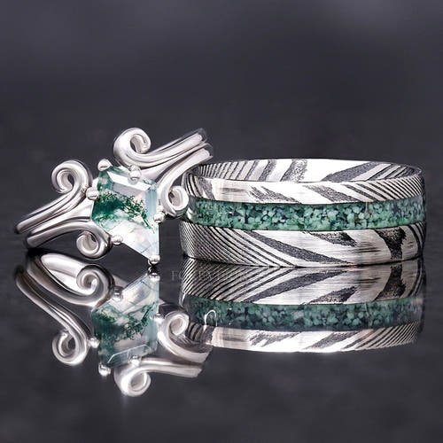 Matching couples ring set: sterling silver moss agate engagement ring and 8mm Damascus steel band
