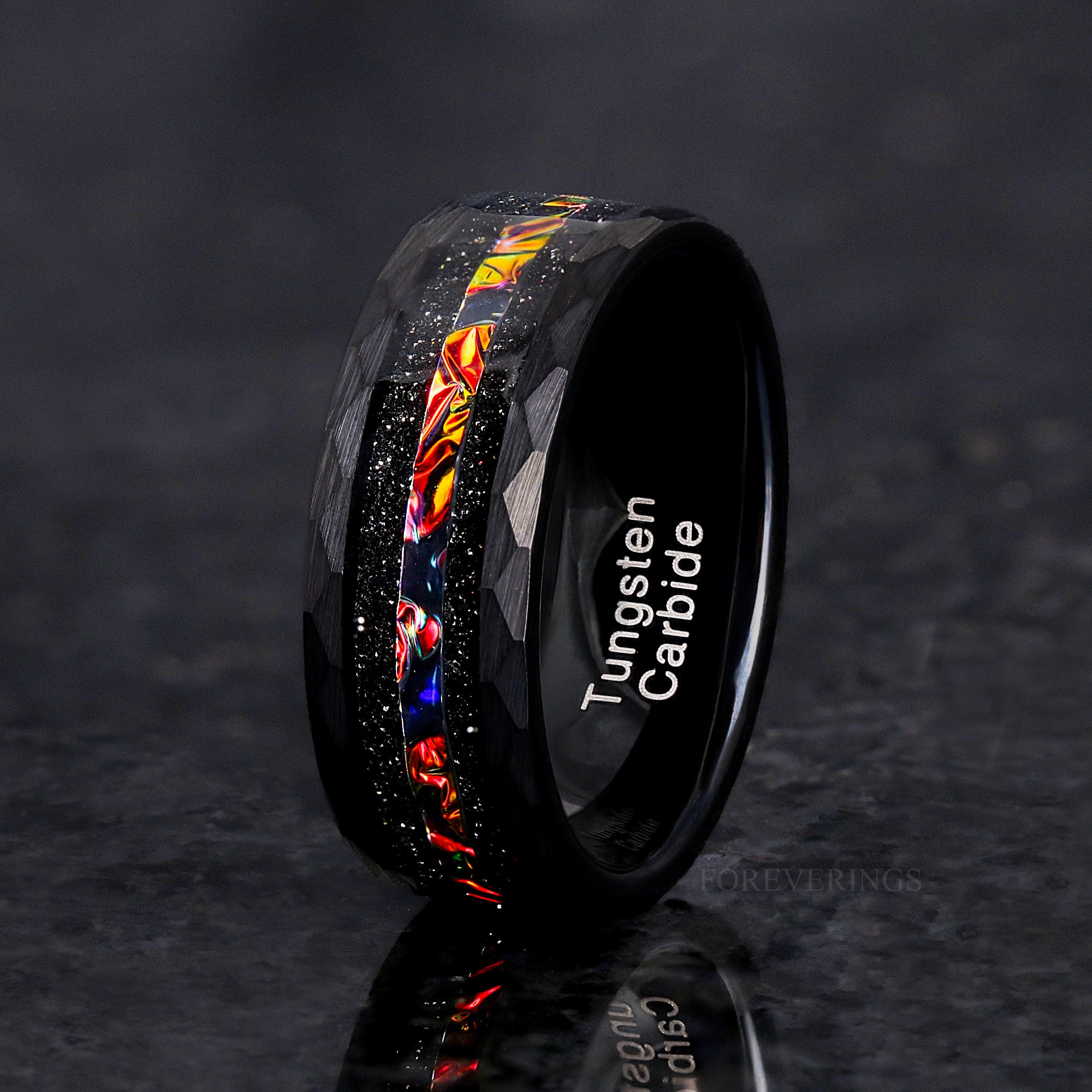 Caraxes Red Nebula Ring, Black Hammered Tungsten Wedding Band, Dichrolam, Man Galaxy Space Ring, Unique Wedding Band for Him, Ring Engraving