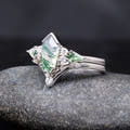 Green agate silver wedding ring set