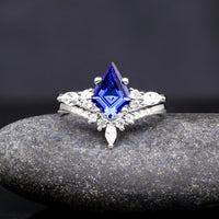Kite Cut Blue Sapphire Couples Ring Set | 3 Piece His & Hers