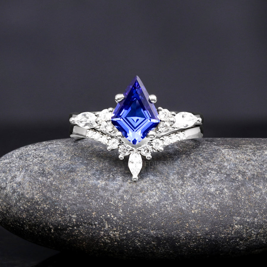 Kite Cut Blue Sapphire Couples Ring Set | 3 Piece His & Hers
