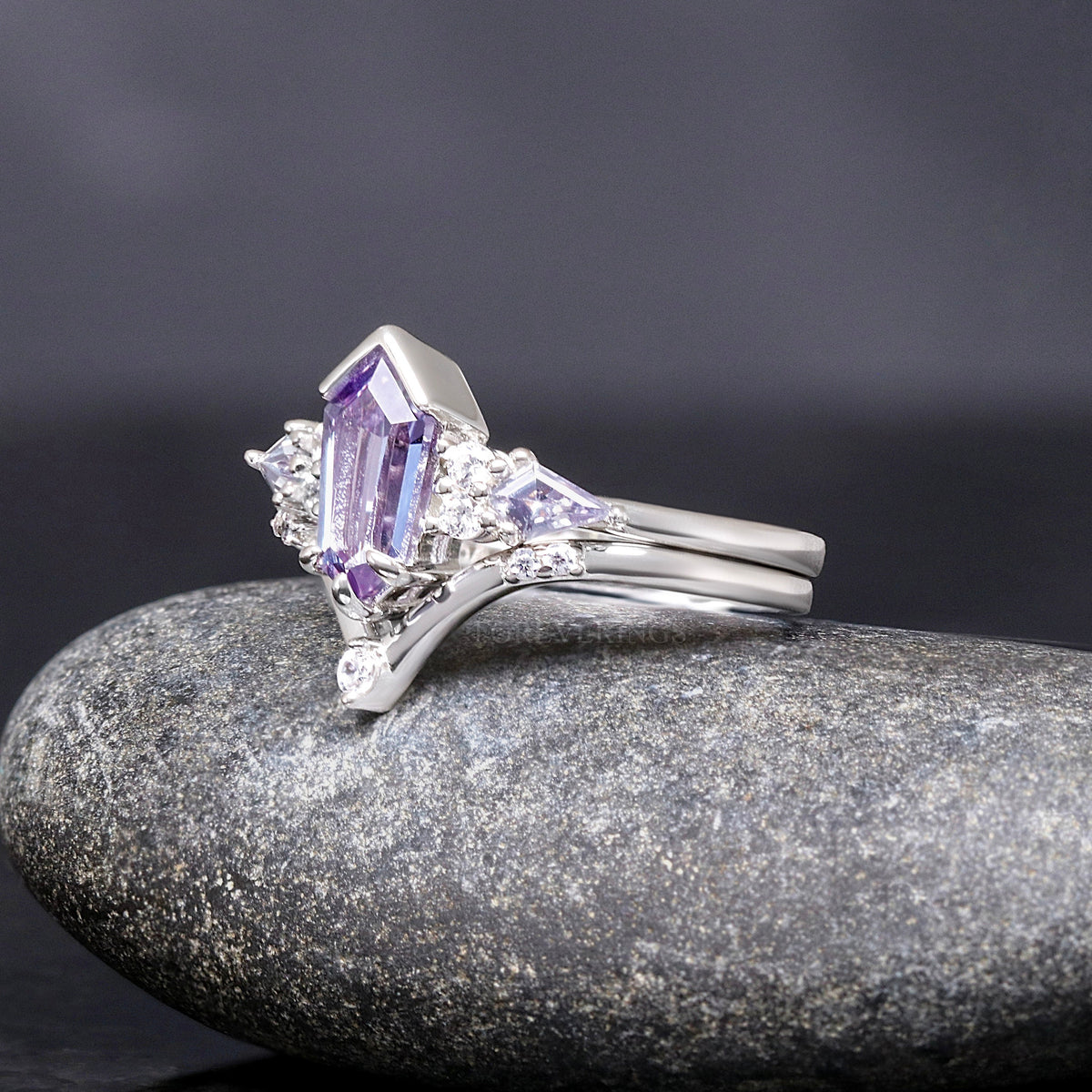 Alexandrite Engagement Ring Set, Woman Crab Nebula Ring, Kite Coffin Cut, 925 Sterling Silver, Outer Space Alternative Wedding Ring, Engrave