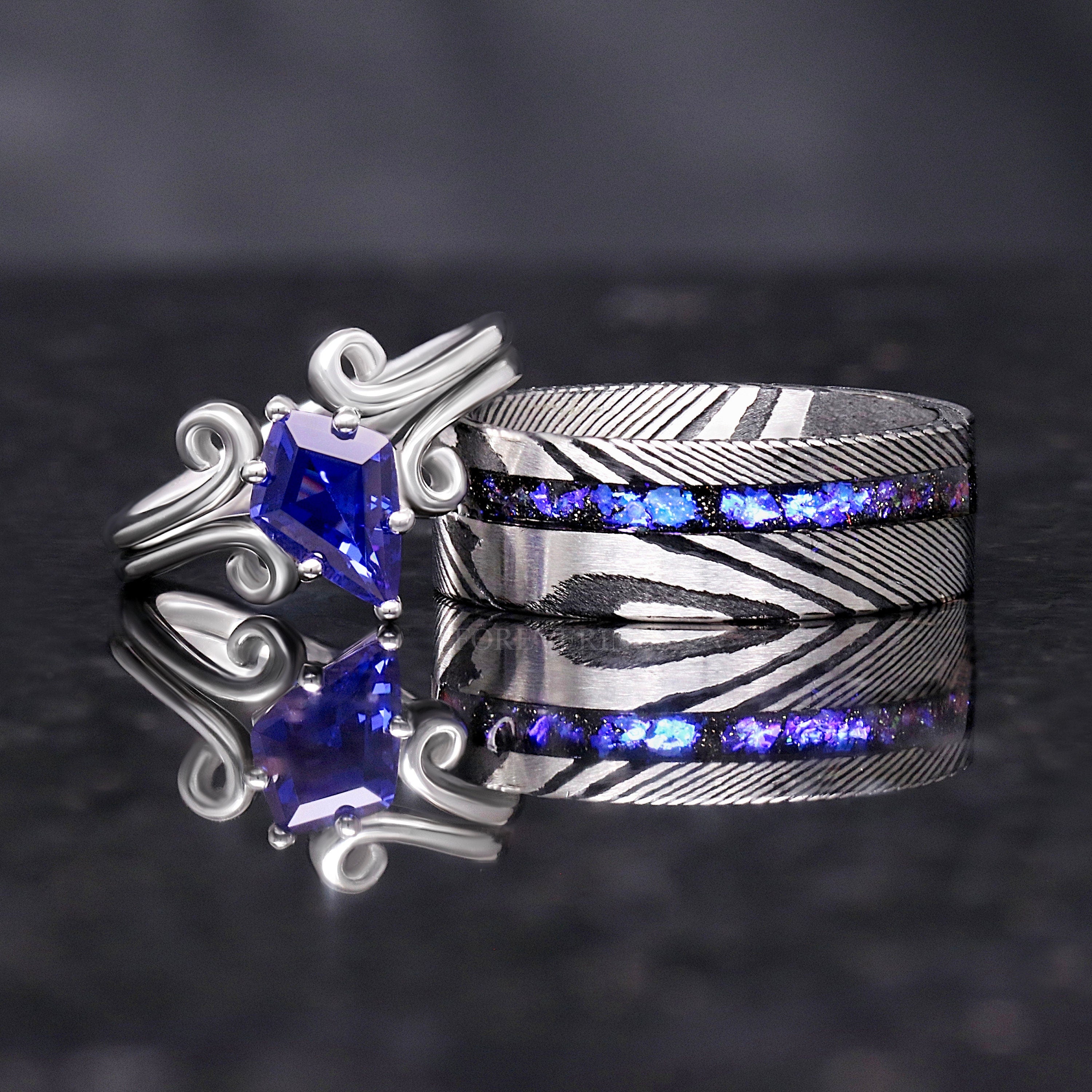 Twirl Damascus Ring Set, Orion Nebula, His and Her Wedding Band, Alternative Sapphire Ring, Space Couple Ring, Damascus Steel and 925 Silver