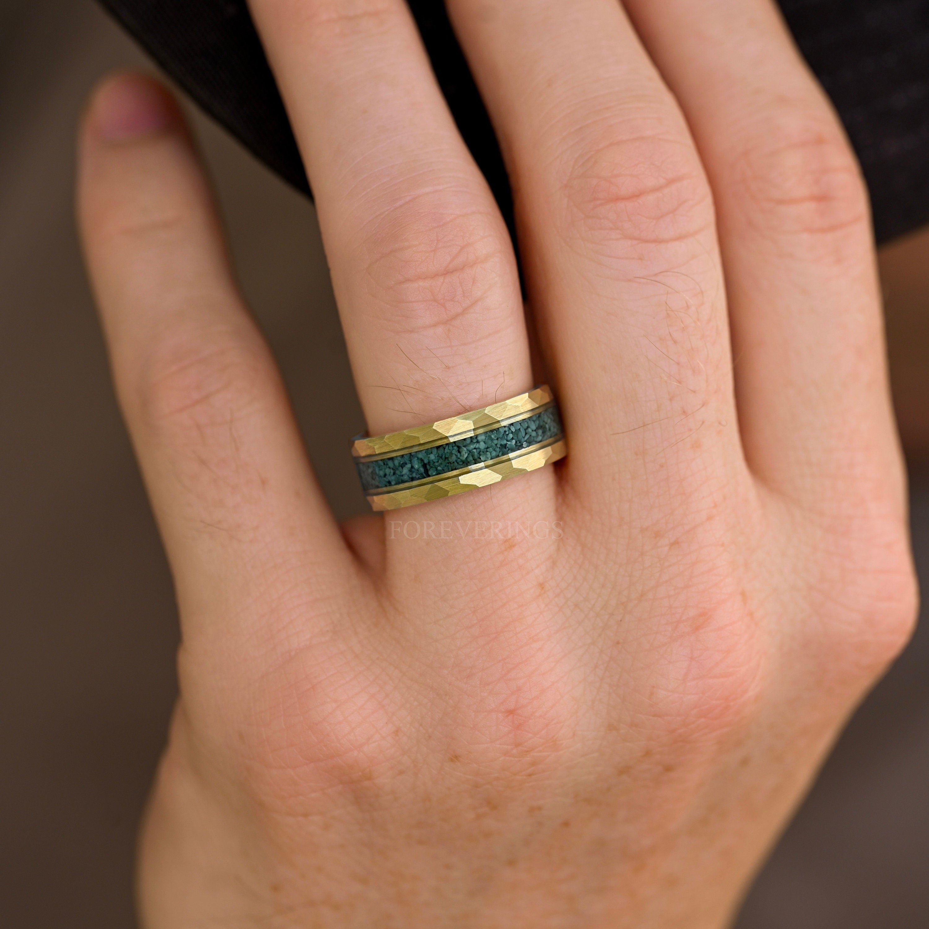 Moss Agate Ring Men, Gold Wedding Band, Personalized Gift, Gold Green Moss Agate Band, Flat Matte, Hammer Tungsten, Earthy Nature Ring