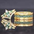 Matching gold couples ring set with moss agate: engagement ring, curved band and 8mm hammered band