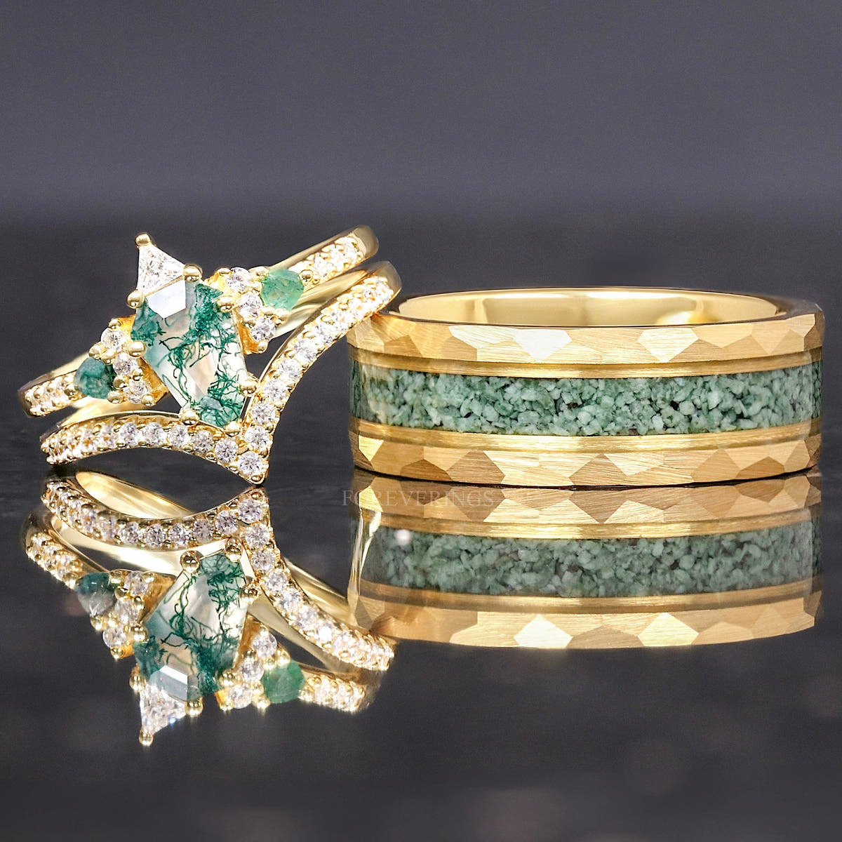 Matching gold couples ring set with moss agate: engagement ring, curved band and 8mm hammered band