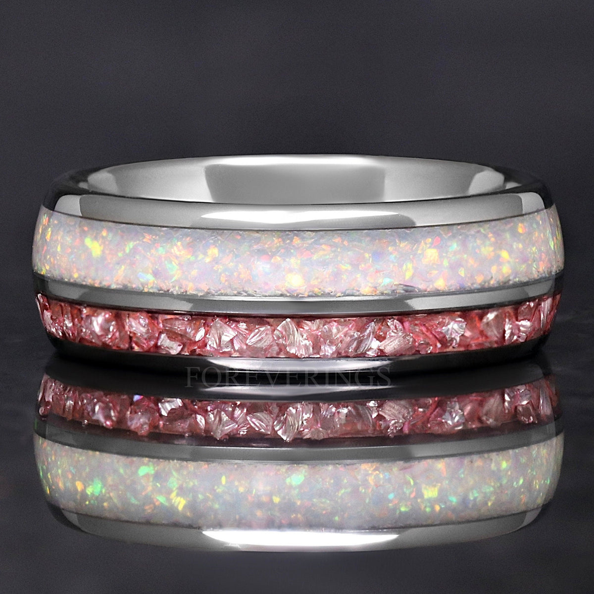 Mens Opal Wedding Band | White Fire Opal Morganite Tungsten