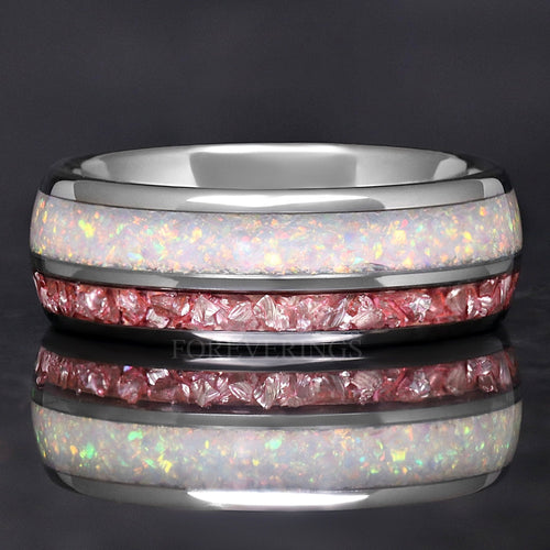 Mens Opal Wedding Band | White Fire Opal Morganite Tungsten
