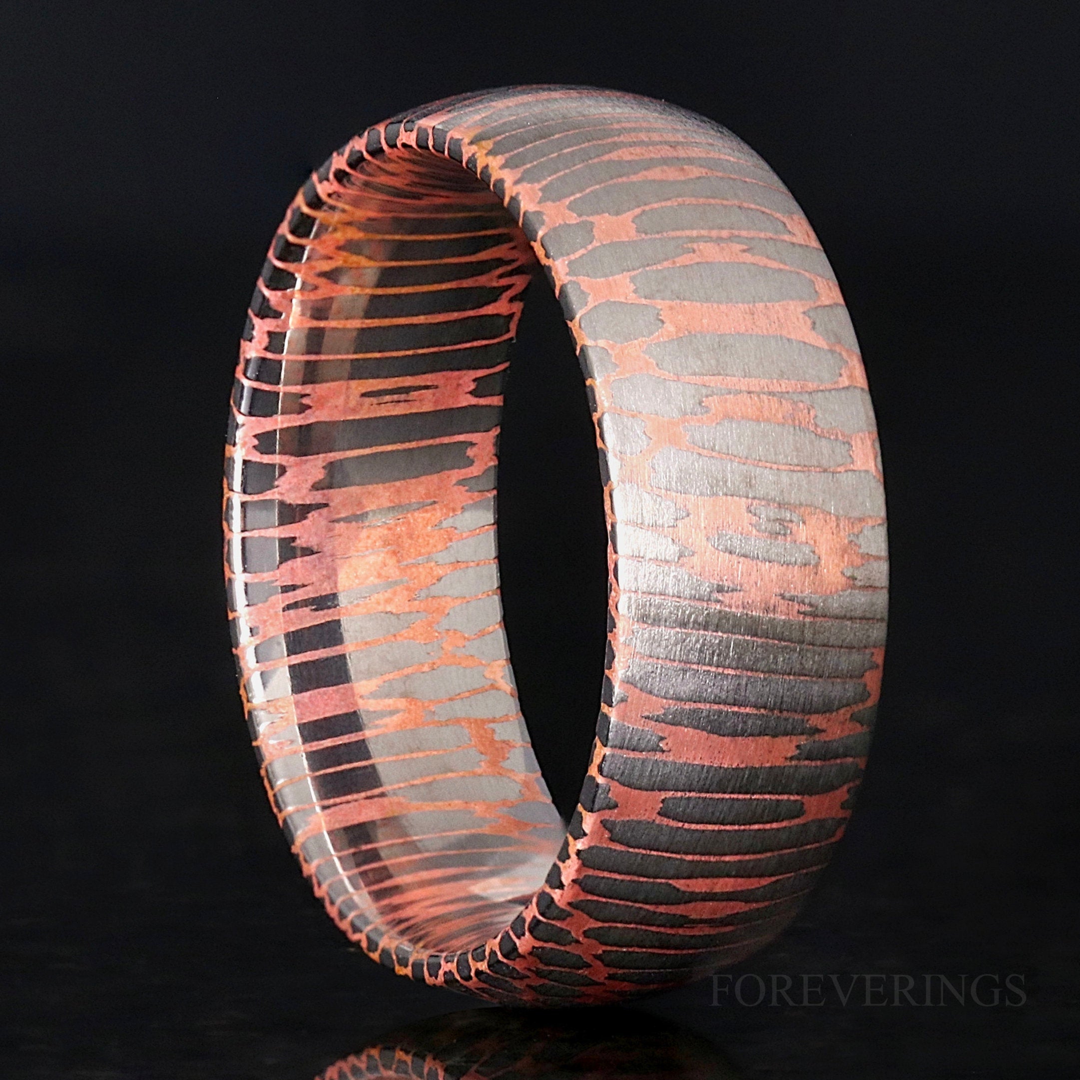 Ionix Superconductor Ring, Damascus Steel Band, Man Wedding Band, 8mm 6mm, Dome Brush, Two Tone, Silver and Rose Gold Men Band, Ring Engrave