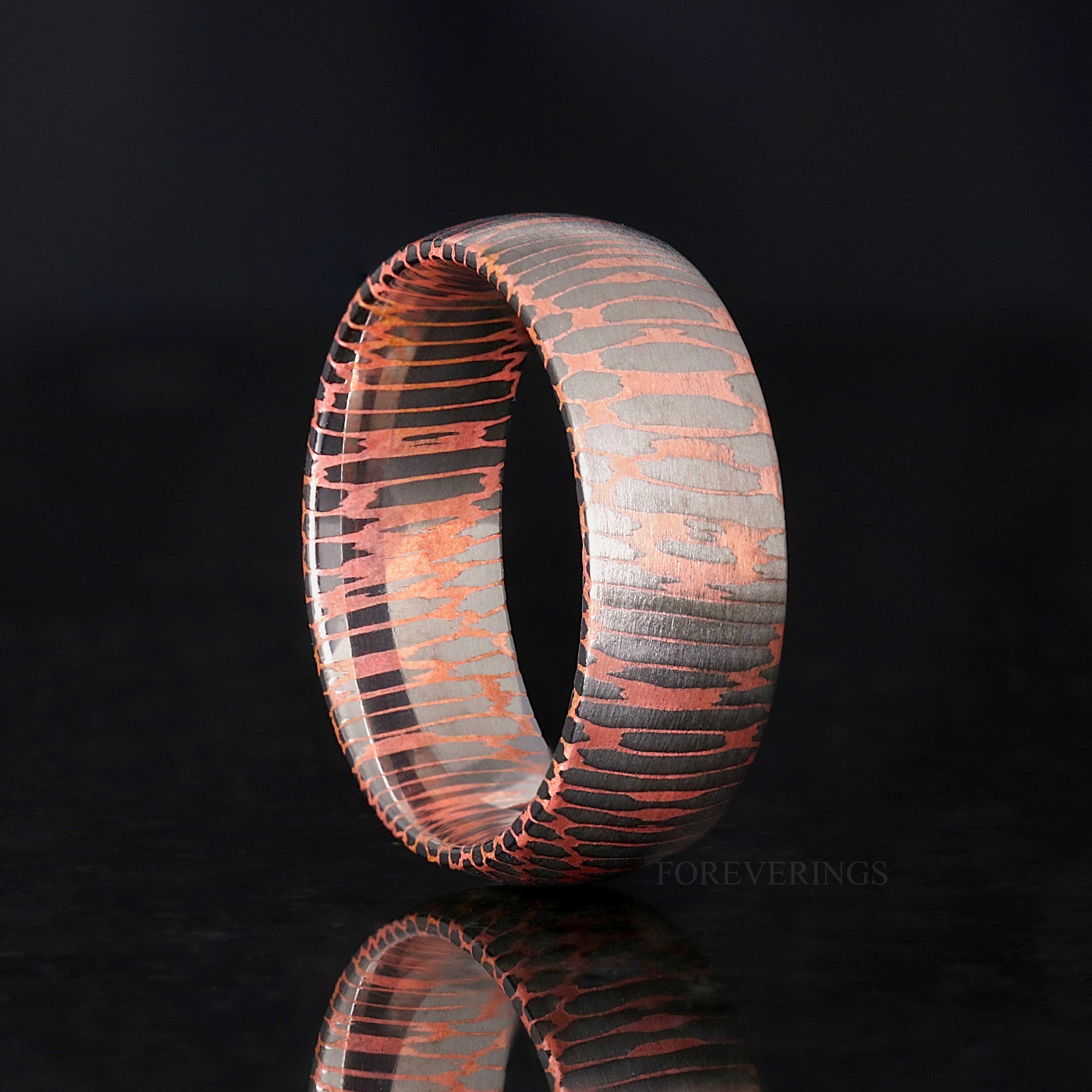 Ionix Superconductor Ring, Damascus Steel Band, Man Wedding Band, 8mm 6mm, Dome Brush, Two Tone, Silver and Rose Gold Men Band, Ring Engrave