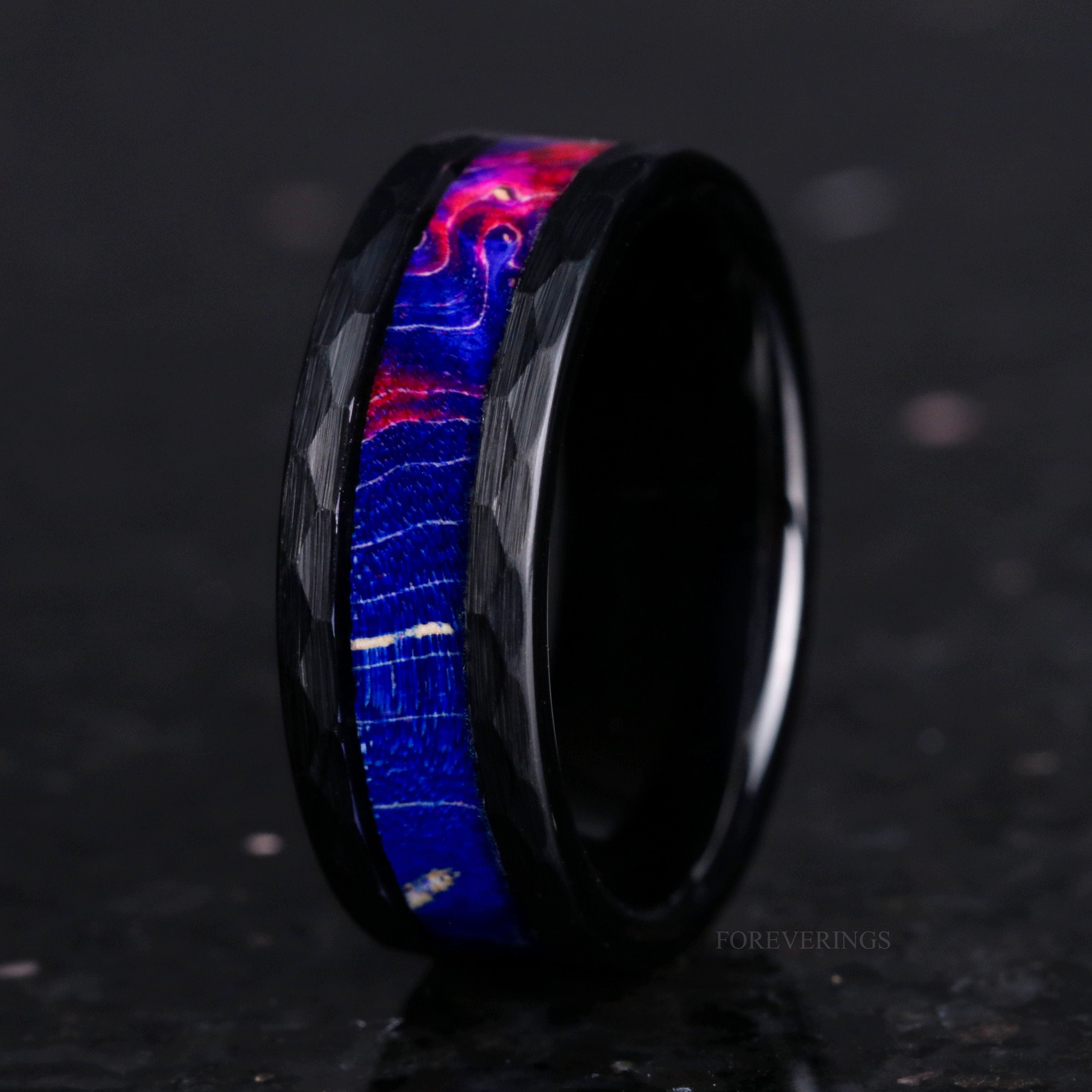 Blue Wood Wedding Band Black Hammered Ring, Men Wedding Band, 8mm Brushed Tungsten Ring, Unique Man Engagement Ring, Engraving